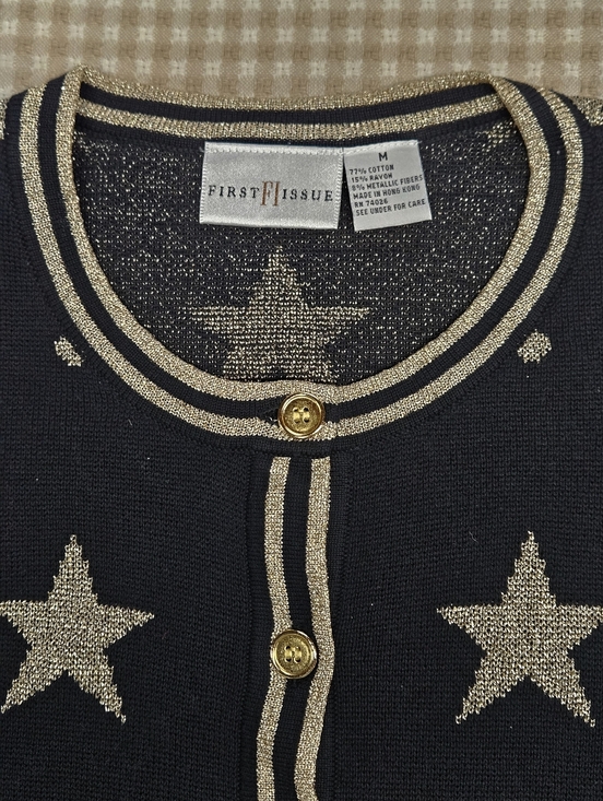 First Issue Chic Celestial Star Black Metallic Gold Button Front Knit Cardigan - Picture 4 of 11